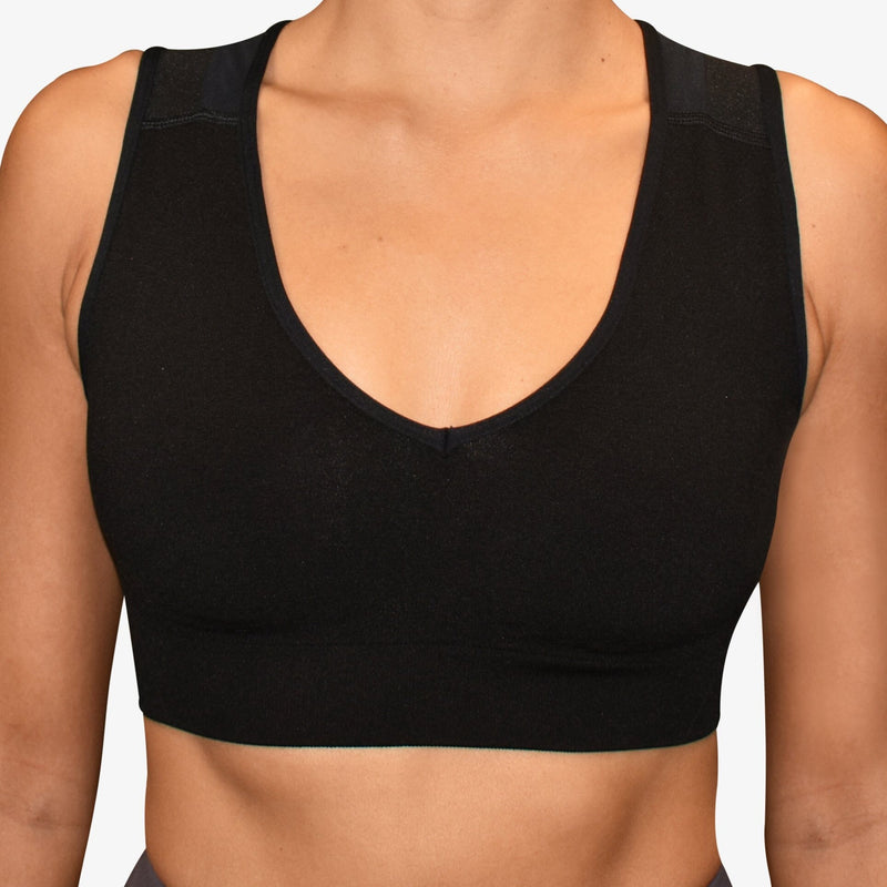 Close-up image of ALIGNMED PULLOVER POSTURE SPORTS BRA FOR WOMEN - BLACK